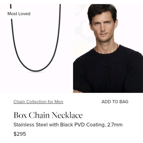 David Yurman Unisex Black PVD 2.7mm Stainless Steel 26" Box Chain Necklace - Picture 6 of 6